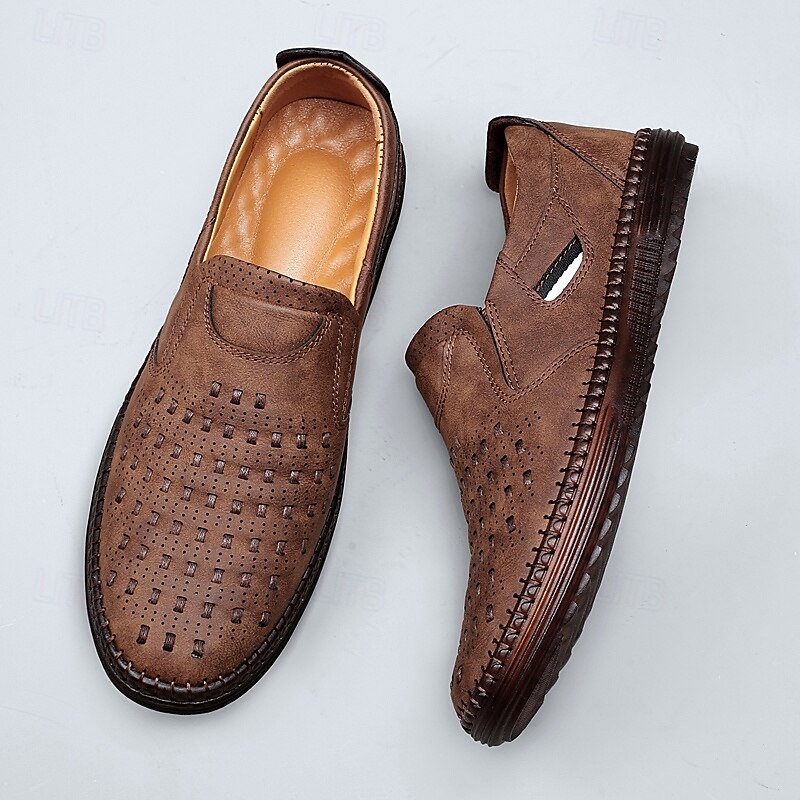 Men's Brown Suede Slip-On Loafers - Breathable Hollow-Out Casual Shoes for Summer & Work2