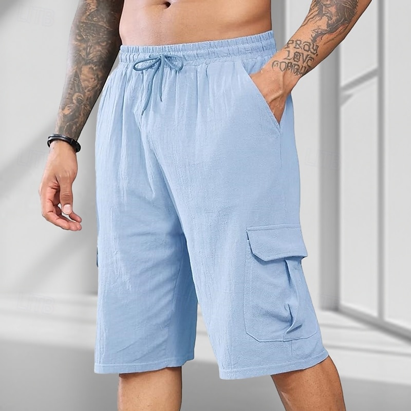 Men's Shorts Linen Shorts Summer Shorts Beach Shorts Drawstring Elastic Waist Multi Pocket Plain Comfort Breathable Knee Length Outdoor Daily Beach Fashion Classic Style Dark Brown Black4