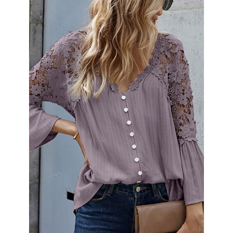 Women's Blouse Solid Color Stylish Casual Long Sleeve V Neck Regular Tops Daily Buttons Black White Red Purple Green Summer Spring