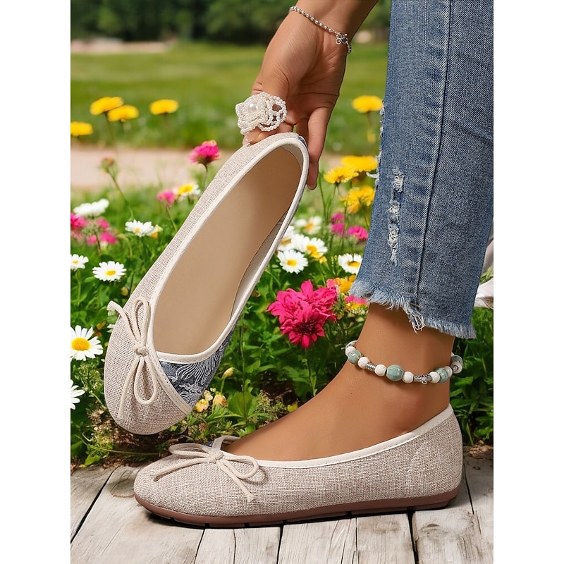 Linen Bow Ballet Flats for Women - Lightweight Vintage-Inspired Comfortable Slip-On Shoes for Casual Wear4