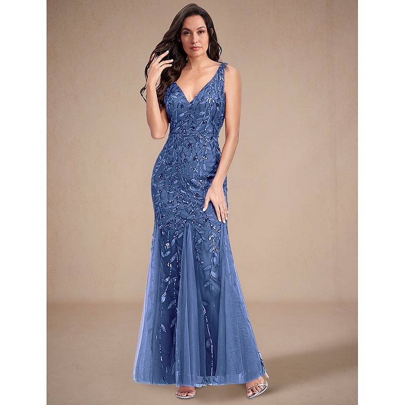 Mermaid / Trumpet Wedding Guest Dresses Elegant Dress Wedding Guest Floor Length Sleeveless V Neck Lace with Appliques