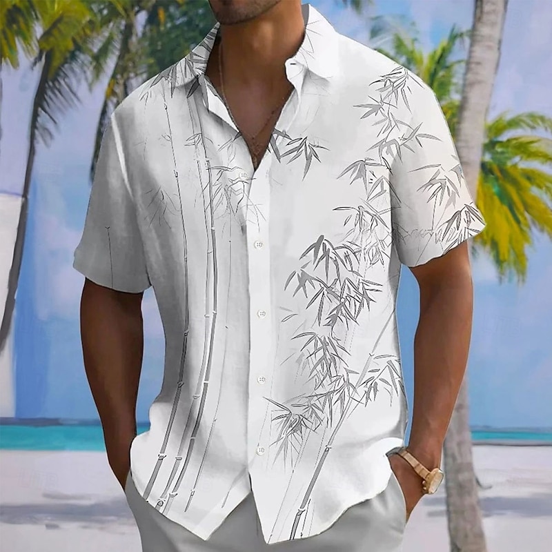 Men's Leaf Plants Bamboo Shirt Casual Shirt Button Up Shirt Short Sleeve Fashion Casual Outdoor Vacation Streetwear Summer Spring Turndown 3D Print Collared Shirts White Blue Green