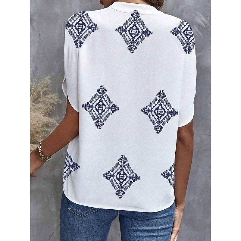 Women's Blouse V Neck Graphic Geometric Stylish Beach Short Sleeve Regular Tops Daily Print Blue Summer Spring2
