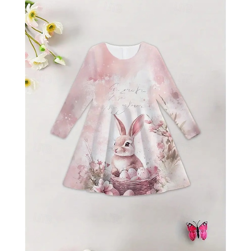 Easter Girls' 3D Graphic Rabbit Dress Long Sleeve Summer Spring Vacation Daily Holiday Princess Beautiful Sweet Kids 4-12 Years Casual Dress A Line Dress Knee-length Regular Fit3