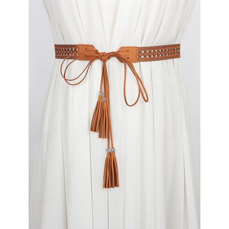 Women's Boho Lace-Up Tassel Belt – Vintage Hollow-Out Faux Suede Waist Belt, Adjustable Wide Cinch Belt for Dresses, Festivals & Casual Outfits
