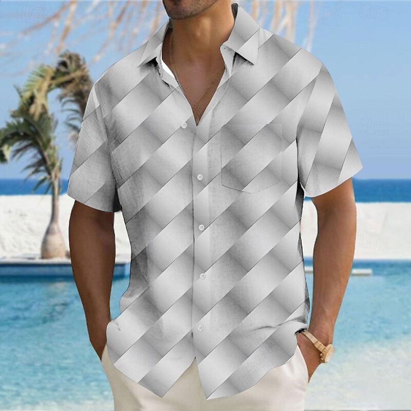 Men's Geometric Grid / Plaid Shirt Button Up Shirt Short Sleeve Fashion Casual Vacation Holiday Streetwear Summer Turndown 3D Print Collared Shirts Front One Pocket Yellow Pink Blue Gray4