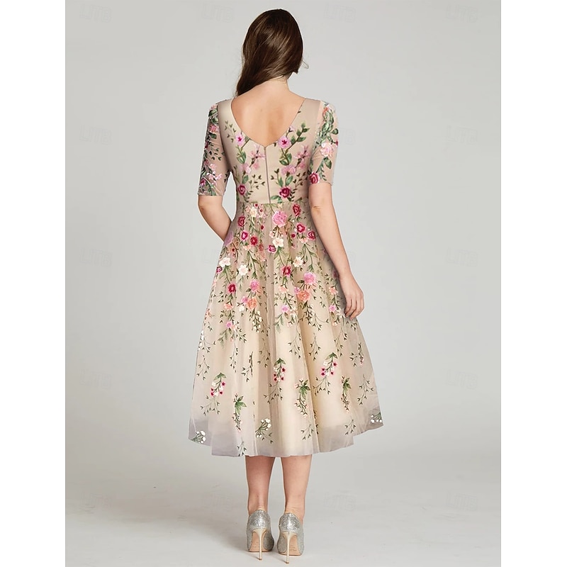 A-Line Dress Beach Wedding Mother of the Bride Dress Elegant Vintage V Neck Ankle Length Tea Length Tulle Half Sleeve with Embroidery Appliques Flower3