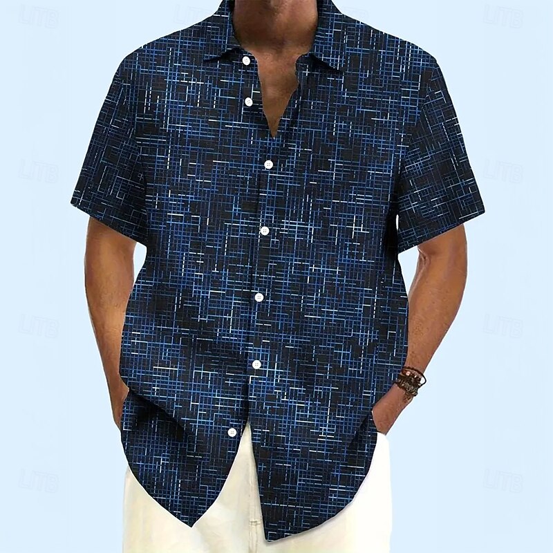 Men's Geometric Grid / Plaid Shirt Casual Shirt Button Up Shirt Short Sleeve Fashion Casual Vacation Dailywear Summer Spring Turndown 3D Print Collared Shirts Dark Blue