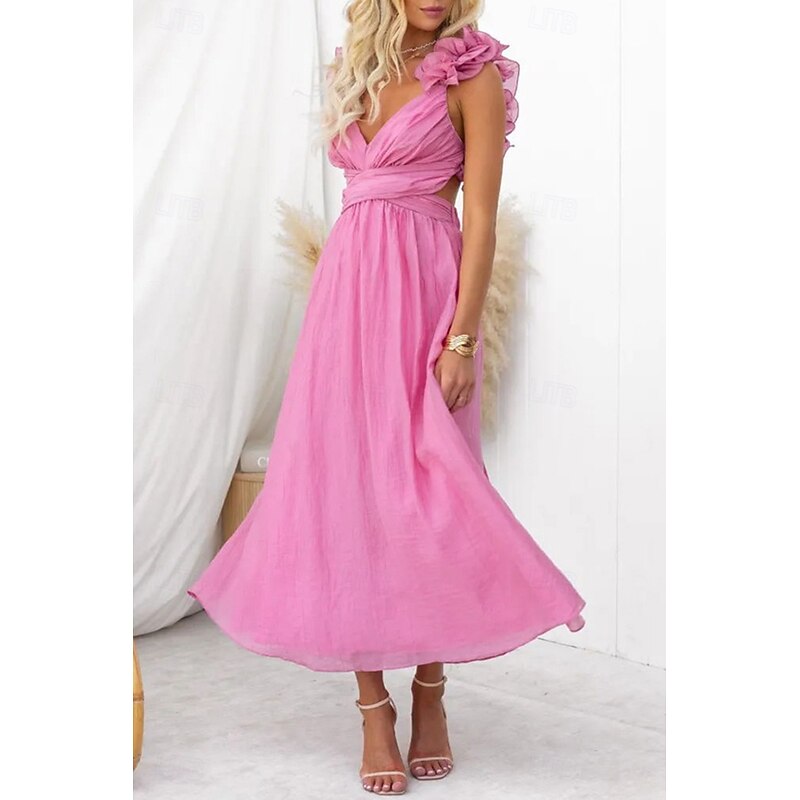 Women's Midi Dress Cocktail Dress Elegant Fashion Party Date Tea Party Regular Fit Plain Sleeveless V Neck White Pink Summer2