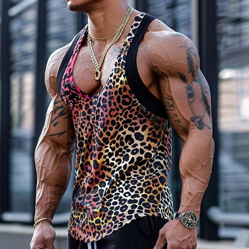 Men's Tank Top Vest Undershirt Sleeveless Shirt Sleeveless U Neck Summer Leopard Fashion Classic Comfortable Crewneck Street Casual Sports Red Green Dark Gray Top Tee for Men4