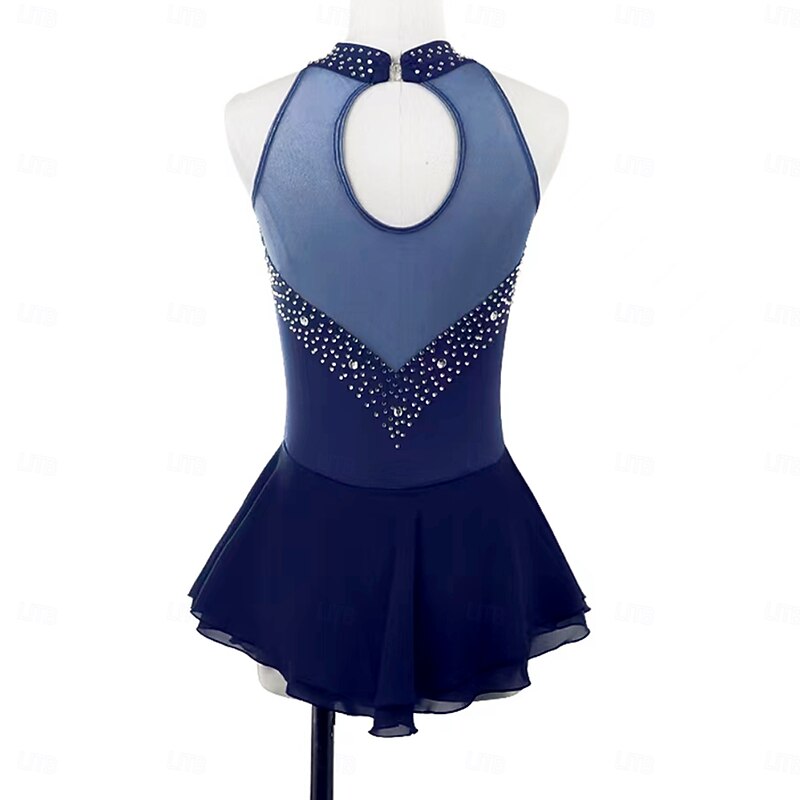 Figure Skating Dress Women's Girls' Ice Skating Dress Black Dark Green Dark Blue Patchwork Open Back Mesh Spandex Stretchy Training Practice Professional Skating Wear Thermal Warm Classic Crystal2
