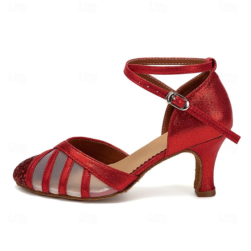 Women's Red Glitter Latin Dance Shoes – Strappy Mesh Ballroom Heels with Suede Sole for Salsa & Performance2