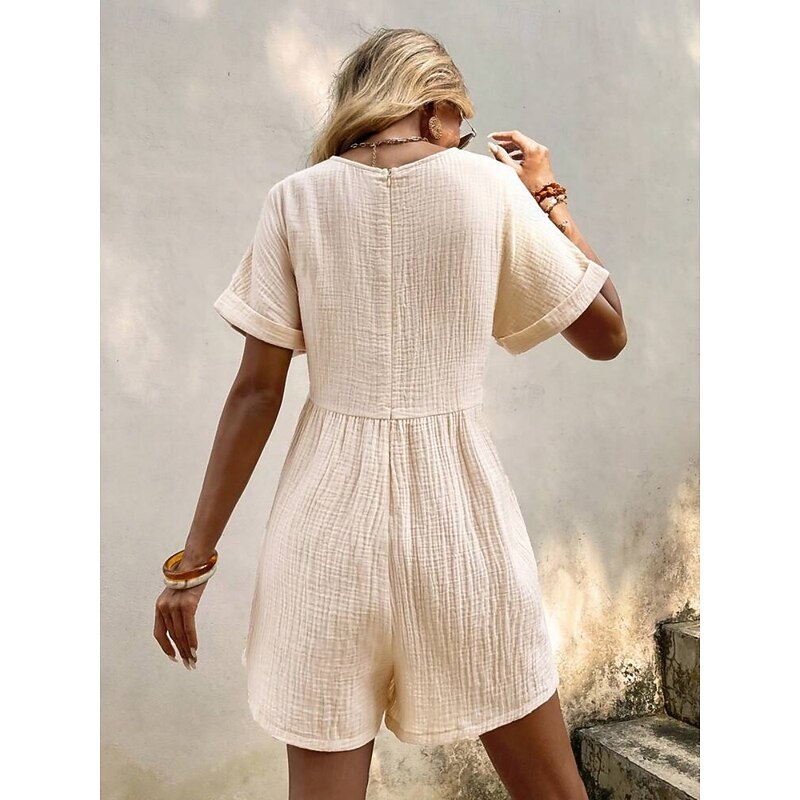 Women's Romper Active Solid Color Short Sleeve V Neck Pocket Vacation Daily Regular Fit Black Green Apricot Summer2