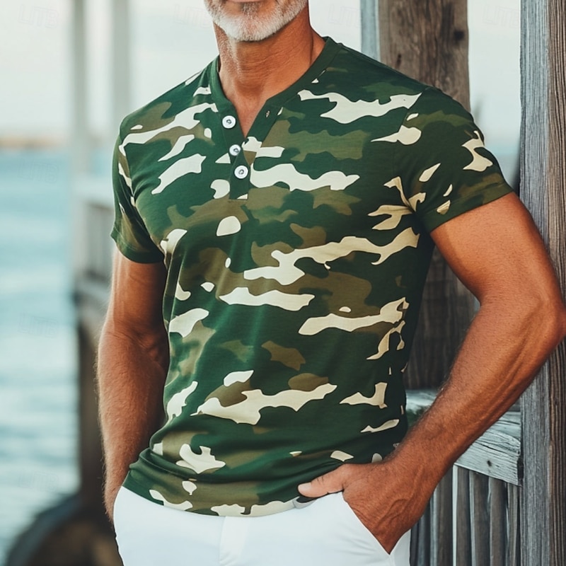 Men's Print Camouflage T Shirt Henley Shirt Short Sleeve Designer Retro Vintage Street Casual Daily Summer Spring Army Green Henley Henley T-Shirt
