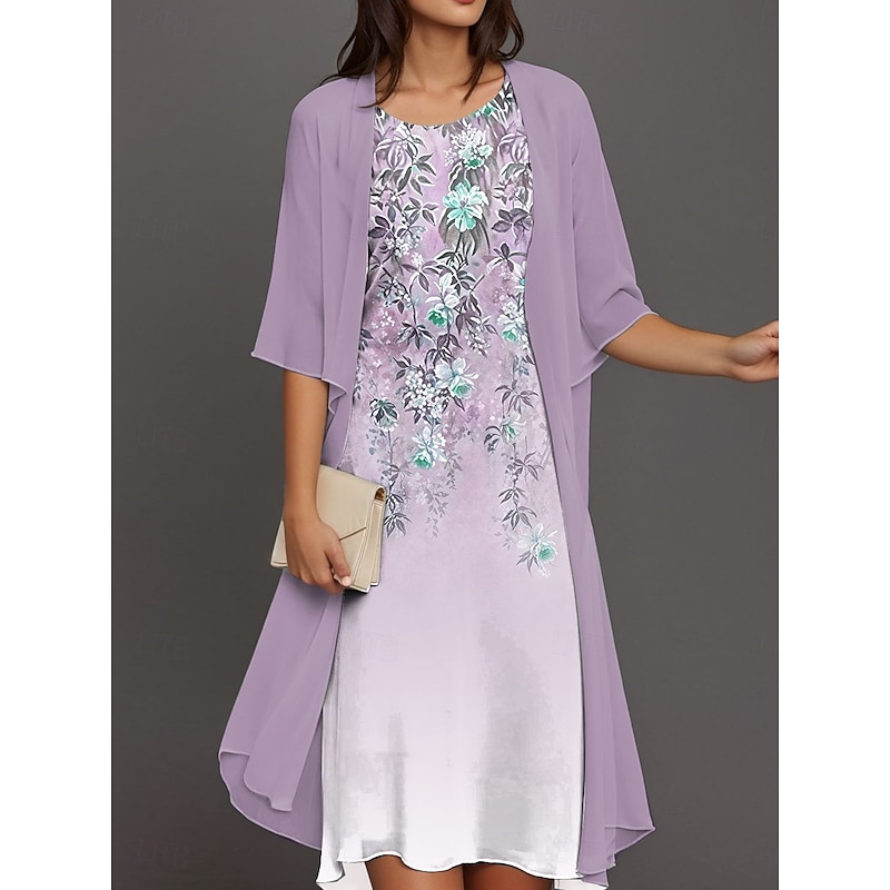 Women's Graduation Dress Midi Dress Dress Set Chiffon Dress Shift Dress Elegant Daily Loose Fit Paisley Half Sleeve Crew Neck Blue Purple Green Summer Spring Fall2