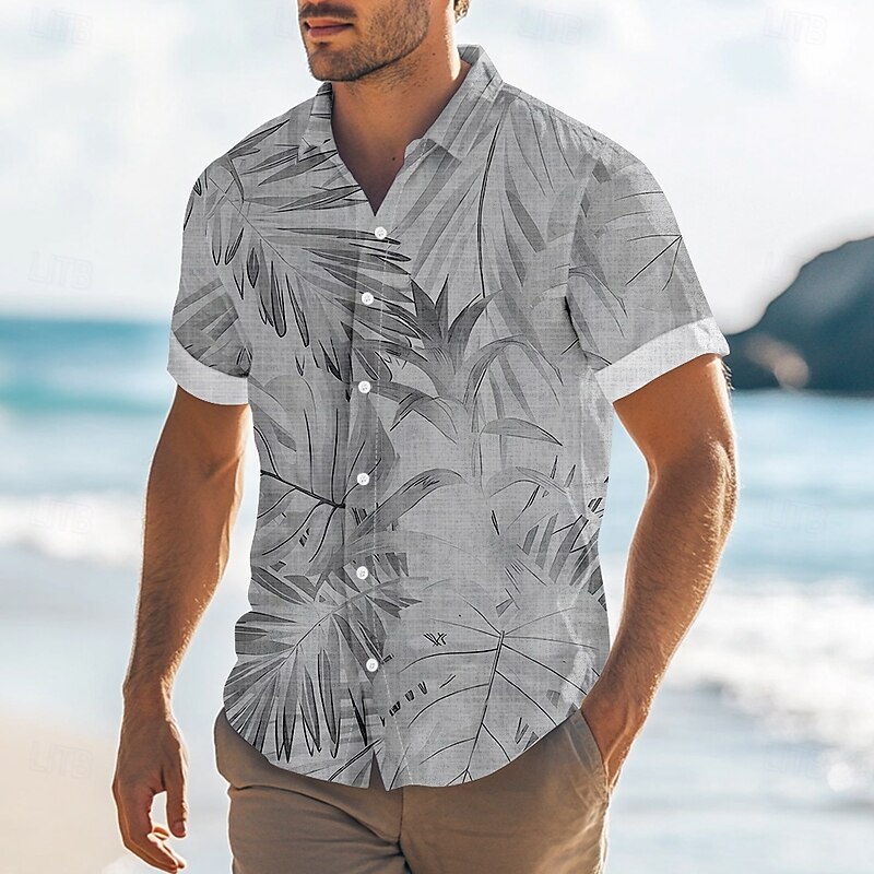 Men's Palm Leaf Tropical Plants Casual Shirt Summer Hawaiian Shirt Button Up Shirt Short Sleeve Hawaiian Resort Vacation Holiday Beach Wear Summer Spring Turndown 3D Print Collared Shirts Blue Purple