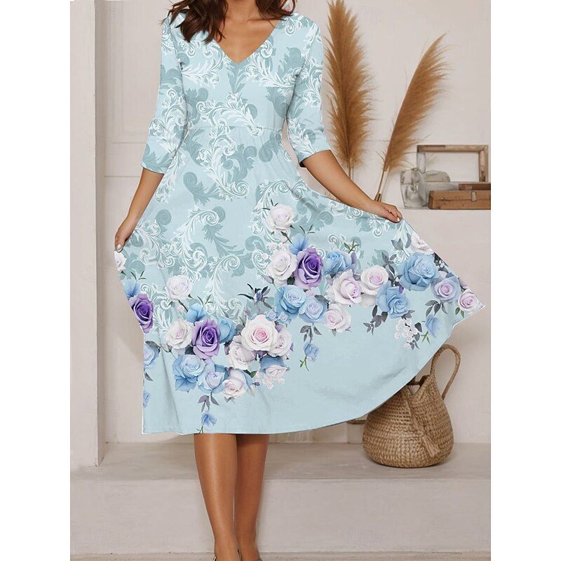 Women's Midi Dress A Line Dress Summer Dress Vacation Casual Daily Regular Fit Floral Graphic Long Sleeve V Neck Pink Blue Green Summer2