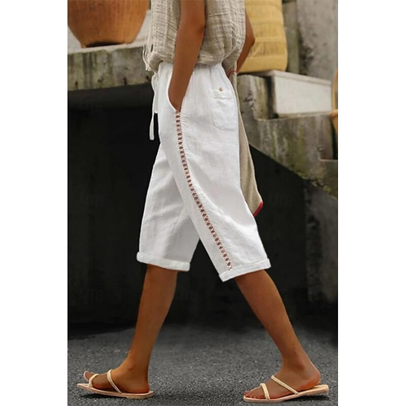 Women's Cotton Linen Pants Slacks Crop Streetwear Casual Knee Length Natural Plain Pocket Elastic Drawstring Design Breathability Soft Micro-elastic Casual Daily Wear Light Sky Blue White Pink Summer2