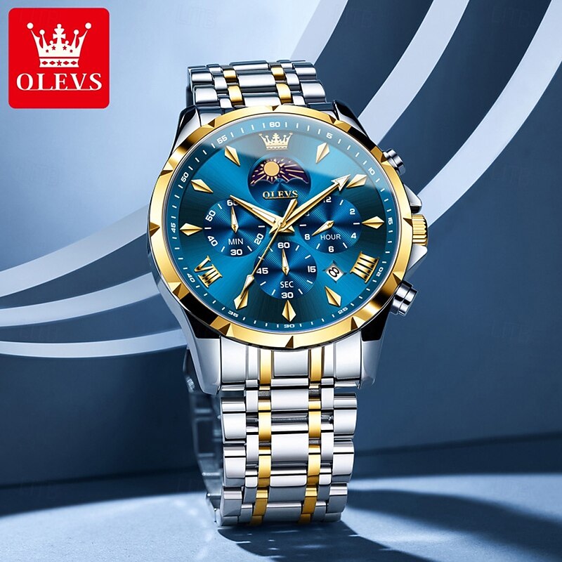 OLEVS 3653 Mens Watch Quartz Watch Multifunctional Chronograph Watch For Men 30M Waterproof Luminous Moon Phase Steel Watch2