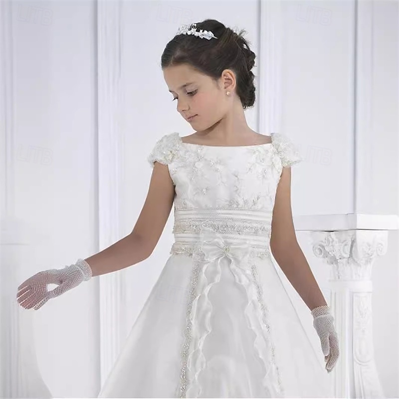 Flower Girl Dress Kid's Girls' Lace Dress Formal Dress Princess Dress First Communion Dress Performance Wedding Party Elegant Beautiful Mesh Solid Color Sleeveless Crew Neck White 4 years+3