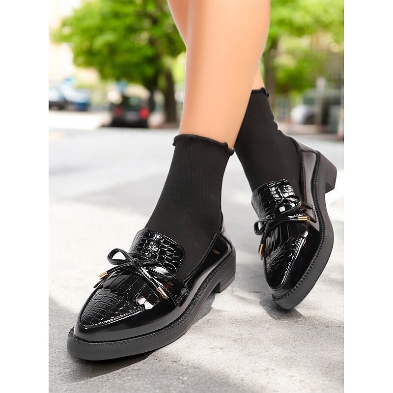 Women's Patent Leather Loafers – Croc-Embossed Tassel Shoes for Students & Work Commute2