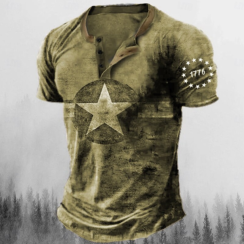 Men's Graphic Star Henley Shirt Tee Short Sleeve 3D Print Fashion Designer Comfortable Outdoor Casual Daily Summer Blue Brown Green Army Green Henley Henley T-Shirt2