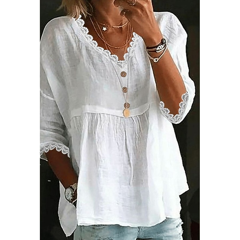 Women's Shirt Cotton Linen Shirts Blouse Plain Basic Modern Casual 3/4 Length Sleeve V Neck Regular Tops Daily Holiday Going out Ruched White Pink Light Blue Summer