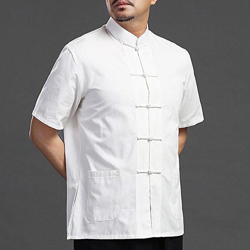 Men's Shirt Linen Shirt Casual Shirt Button Up Shirt Cotton Shirt Plain Vacation Street Black White Navy Blue Khaki Short Sleeve Grandad Collar Summer Clothing Apparel Button-Down2