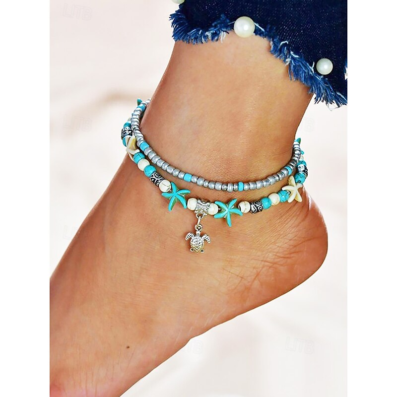 Boho Starfish & Turtle Charm Anklet – Handmade Beaded Layered Ankle Bracelet, Beach Surfer Jewelry for Women & Girls, Summer Holiday Foot Accessory3