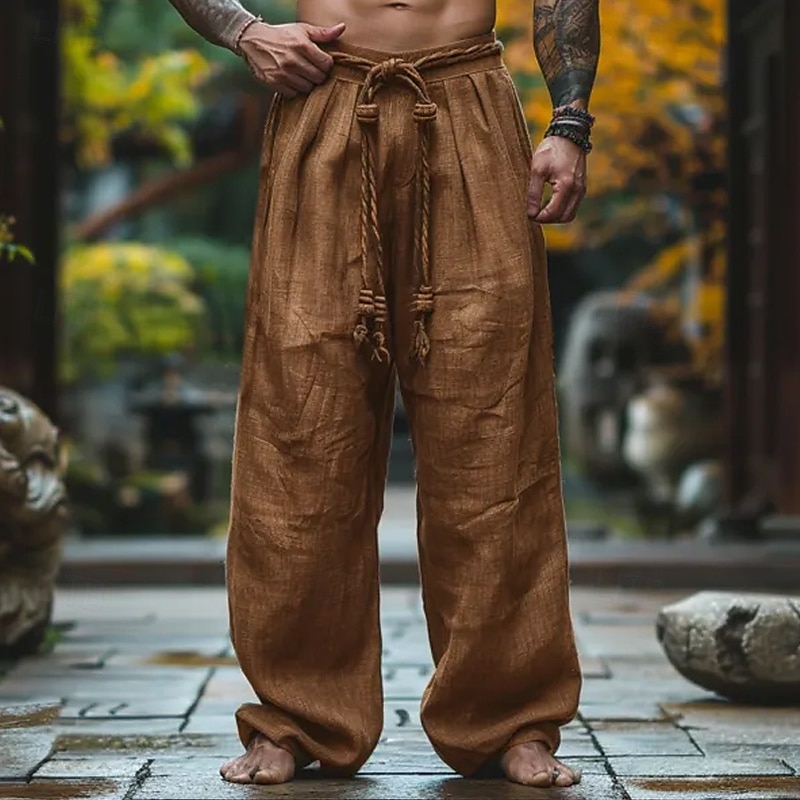 Men's Linen Pants Trousers Summer Pants Baggy Pants Drawstring Elastic Waist Straight Leg Plain Comfort Breathable Full Length Outdoor Yoga Gym Designer Retro Vintage Dark Khaki