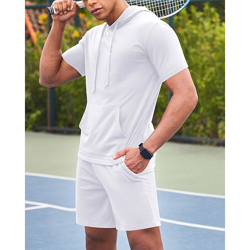 Men's Tracksuit T shirt & Shorts Outfit Set Hoodie Outdoor Daily Sports Pocket Drawstring Plain Wine Red Black White Polyester Activewear Streetwear Lightweight Summer