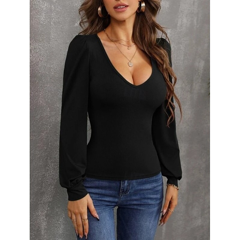 Women's Cardigan Elegant Cute Sexy Pure Color U Neck Knitted Lantern Sleeve Long Sleeve Regular Tops Knit Daily Going out Wine Red Black Fall3