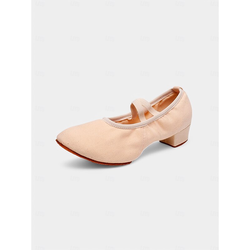 Beige Canvas Ballroom Dance Shoes for Women – Low Heel Elastic Strap Pumps for Professional Practice3