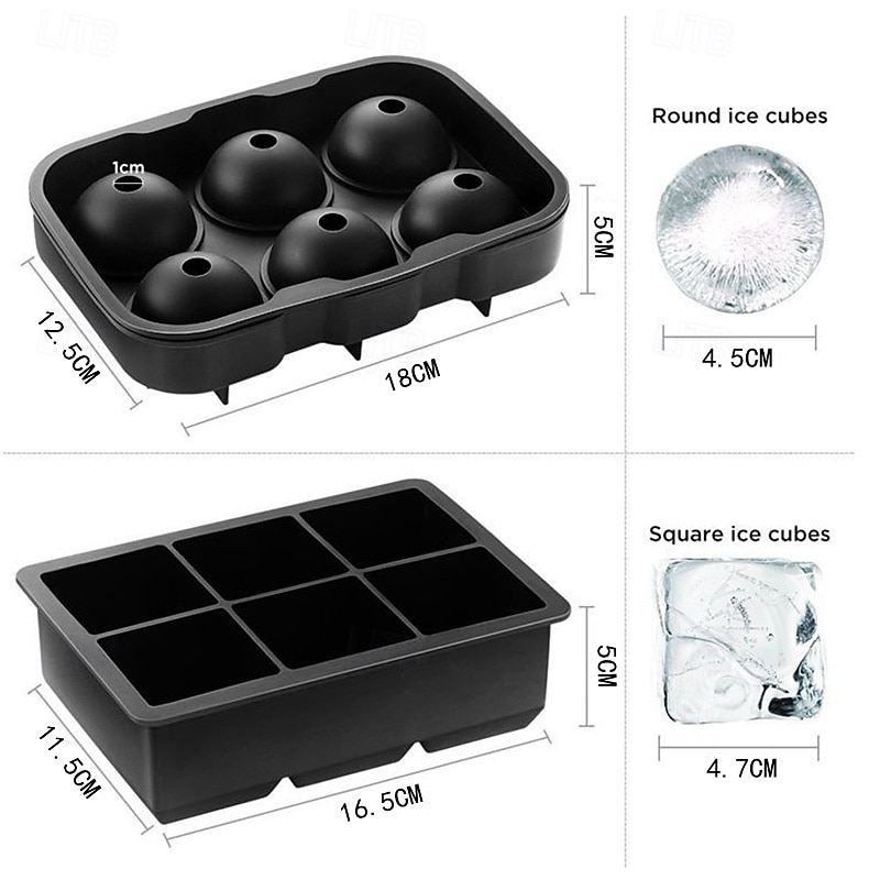 Ice Cube Molds, Large Silicone Whiskey Ice Cube & Sphere Mold, 2-Inch Round & Square Trays with Lids for Cocktails & Bourbon2