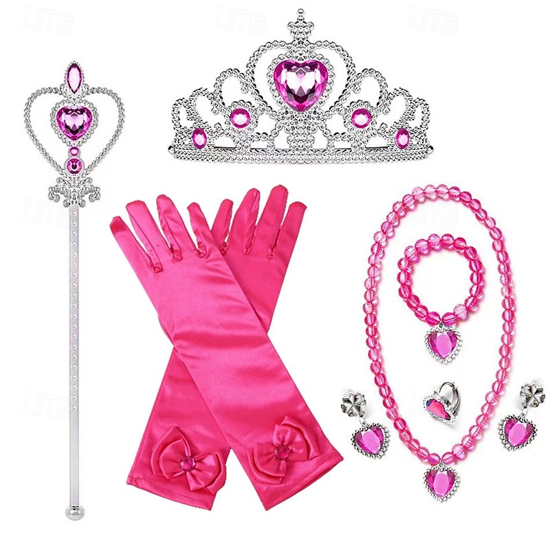 Kids Girls' Princess Dress Up Set Gloves Necklace Jewelry Set Tiara Princess Sweet Party Birthday Heart Pink Blue4
