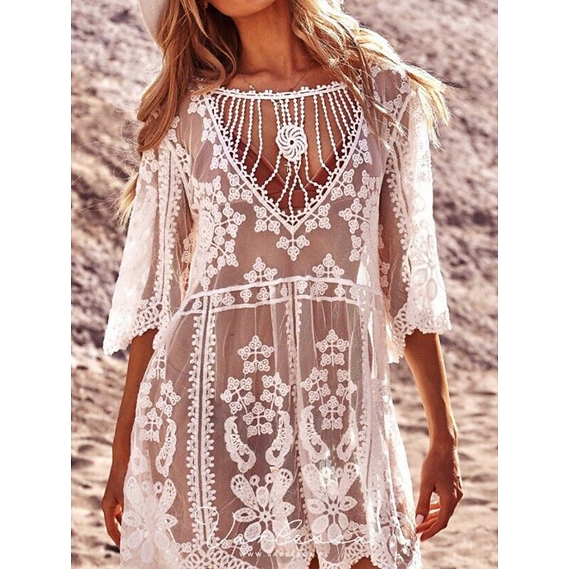 Women's Swimsuits Cover Up Swim Dress Swimsuit Lace Patchwork Vacation Beach Wear Solid Color V Neck Long Sleeve Bathing Suits