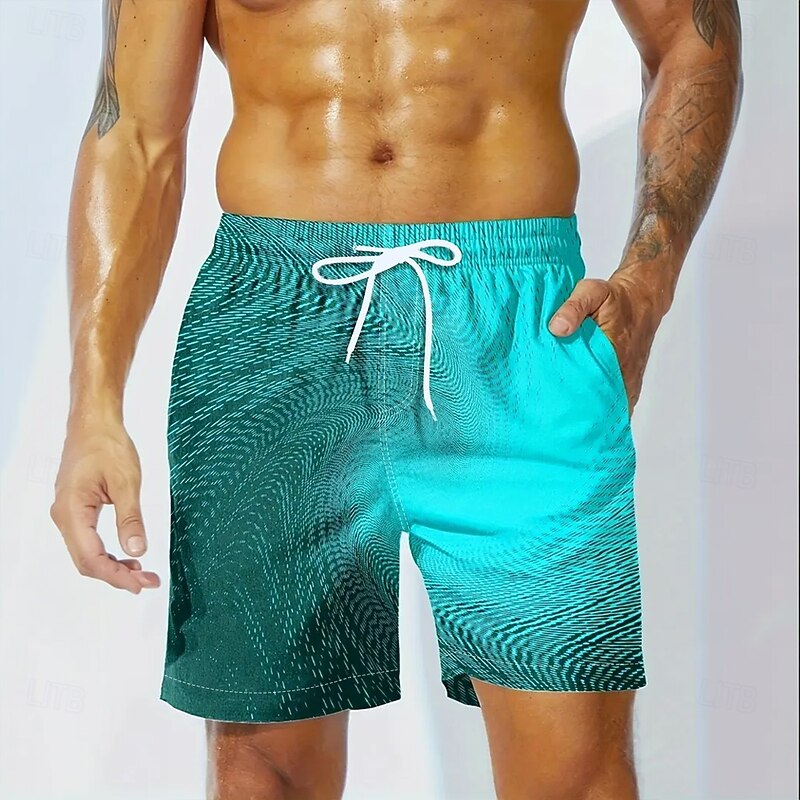 Men's Geometric Gradient Color Line Swim Trunks Swim Shorts Board Shorts Mid Waist Streetwear Hawaiian Beach Vacation Wear Side Pockets Mesh Lining Elastic Drawstring Waist Designer Clothing Apparel