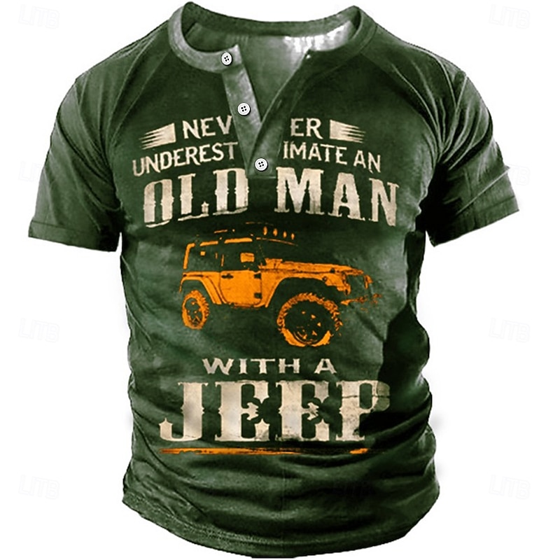 Men's Never Underestimate Old Man Jeep Short Sleeve Graphic Henley T-Shirt3