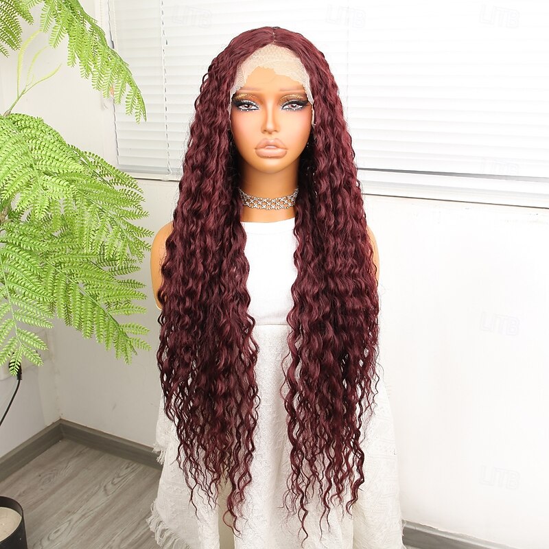 Synthetic Lace Wig Deep Curly Style 32 inch Burgundy Middle Part 13x4x1 T Part Lace Front Wig Women's Wig Wine Red3