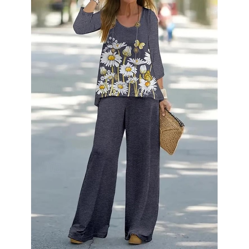 Women's 2 Pieces Basic Neon & Bright Shirt Blouse 3/4 Length Sleeve V Neck Ombre Floral Print Casual Linen Like White Navy Blue Blue Summer Regular Fit4