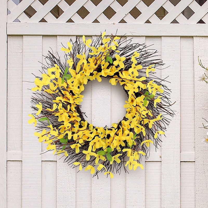 Spring Wreath Artificial Yellow Floral Twig Garland - Rustic Hanging Decoration for Doors, Fences, Gardens & Patio