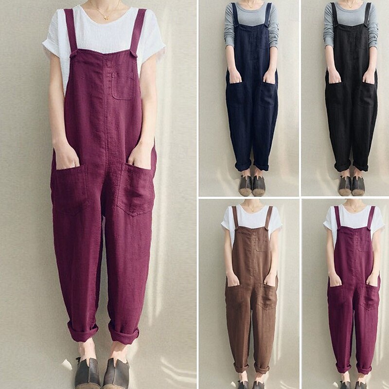 Women's Normal Linen-Inspired Pants Streetwear Solid Color Sleeveless U Neck Pocket Street Going out Regular Fit Black Navy Blue Fuchsia Summer - Main Image