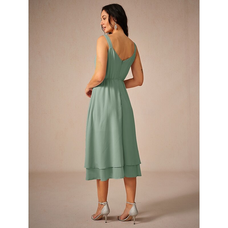 Women's Tea Length Chiffon Dress Elegant Flowy Wedding Guest Date Regular Fit Solid Color Sleeveless Square Neck Sage Green Summer4
