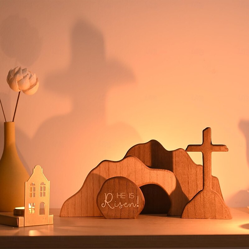 Empty Tomb Easter Scene and Cross Decoration, Wood Easter Resurrection Scene for Tiered Tray, Jesus Nativity Scene Decor for Religious Decorations, Home Office Tabletop, Shelf Decor2