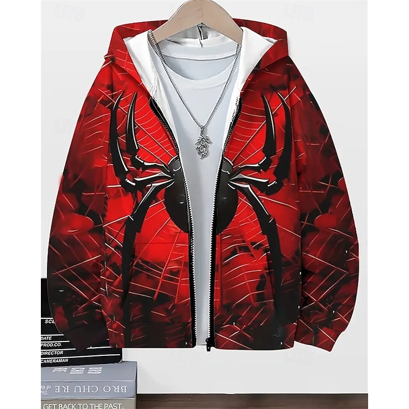 Boys 3D Spider Hoodie Coat Outerwear Long Sleeve Spring Fall Adorable Sport Kids 4-12 Years Zip Street Daily Regular Fit