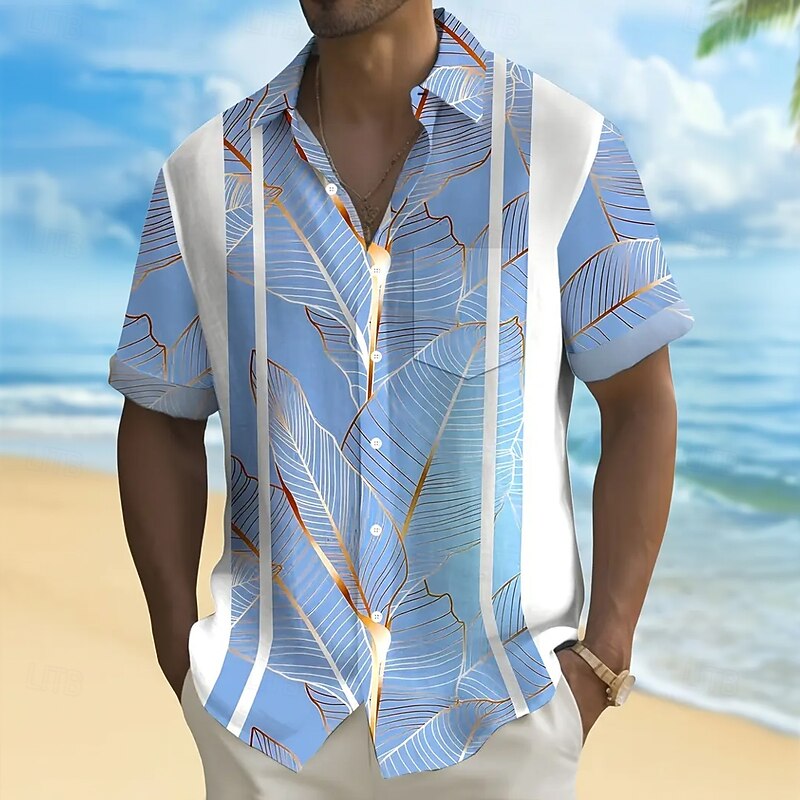 Men's Palm Leaf Tropical Plants Shirt Summer Hawaiian Shirt Button Up Shirt Short Sleeve Hawaiian Vacation Holiday Beach Wear Summer Spring Turndown 3D Print Collared Shirts Front One Pocket Blue