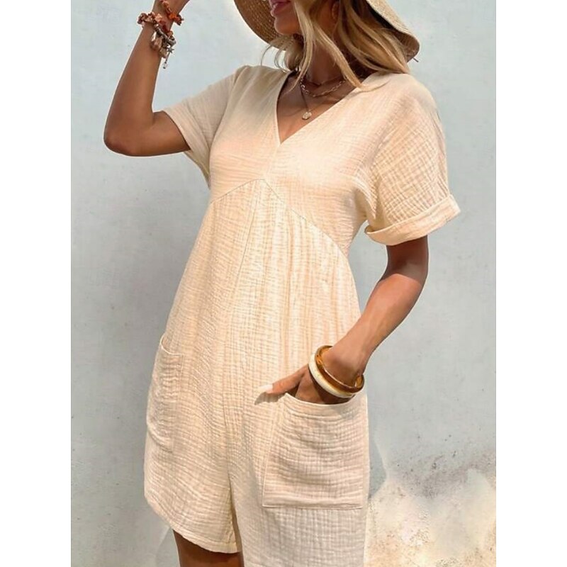 Women's Romper Active Solid Color Short Sleeve V Neck Pocket Vacation Daily Regular Fit Black Green Apricot Summer3