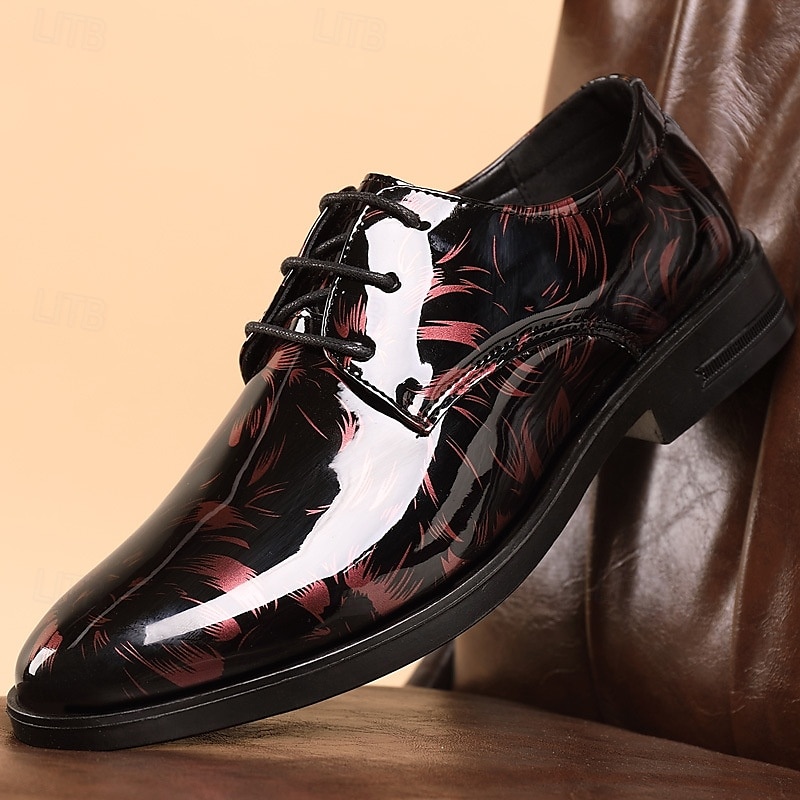 Men's Black Patent Leather Oxford Shoes – Glossy Lace-Up Dress Shoes with Red Feather Pattern for Weddings & Formal Events