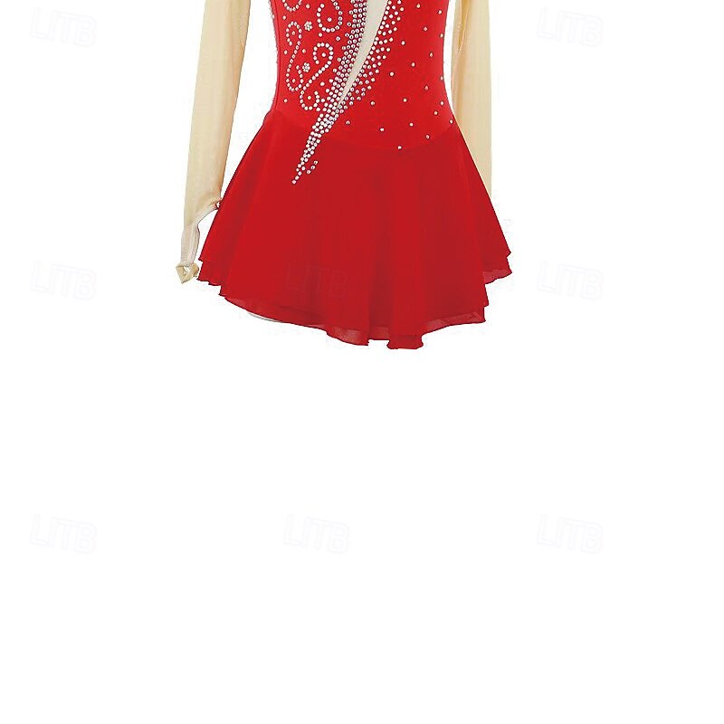 Figure Skating Dress Women's Girls' Ice Skating Dress Red Patchwork Open Back Mesh Spandex Stretchy Training Practice Professional Skating Wear Thermal Warm Crystal / Rhinestone Long Sleeve Ice4
