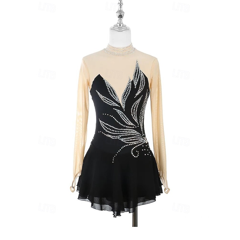 Figure Skating Dress Women's Girls' Ice Skating Dress Black Patchwork Open Back Mesh Spandex Stretchy Training Practice Professional Skating Wear Thermal Warm Crystal / Rhinestone Long Sleeve Ice